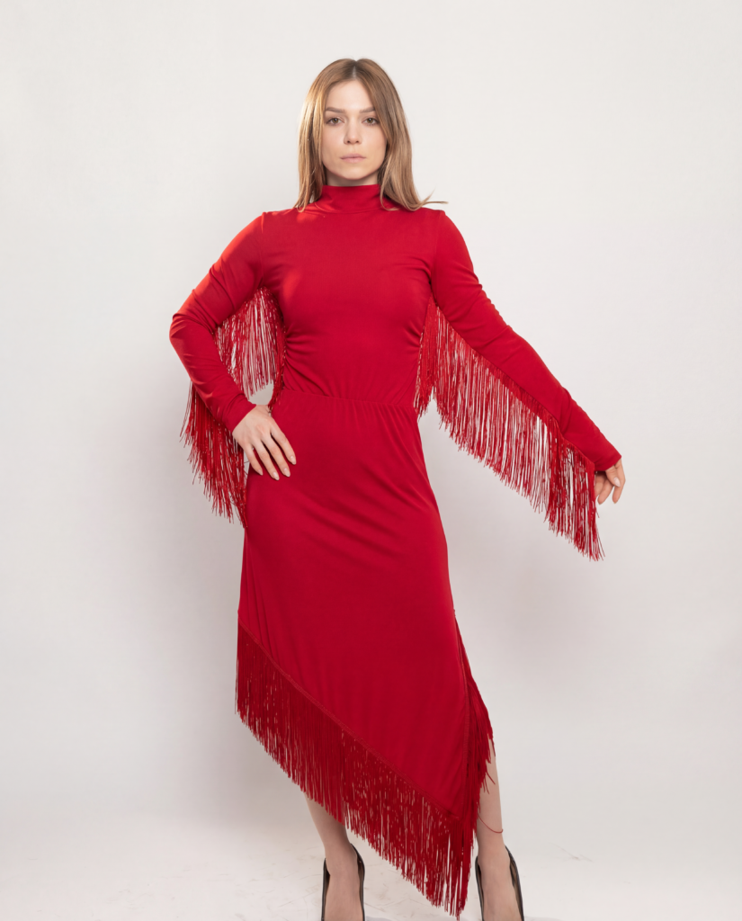 Scarlet Fringe Statement Midi Dress