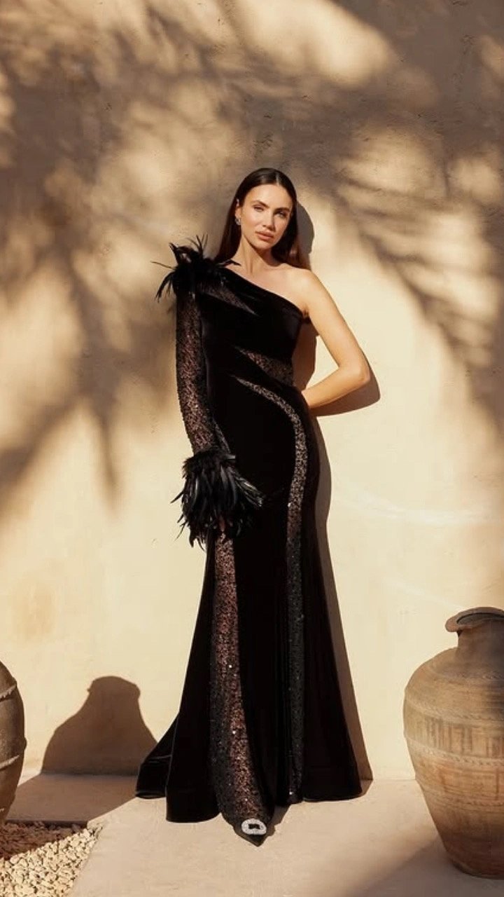 One-Shoulder Black Feather Detail Evening Gown