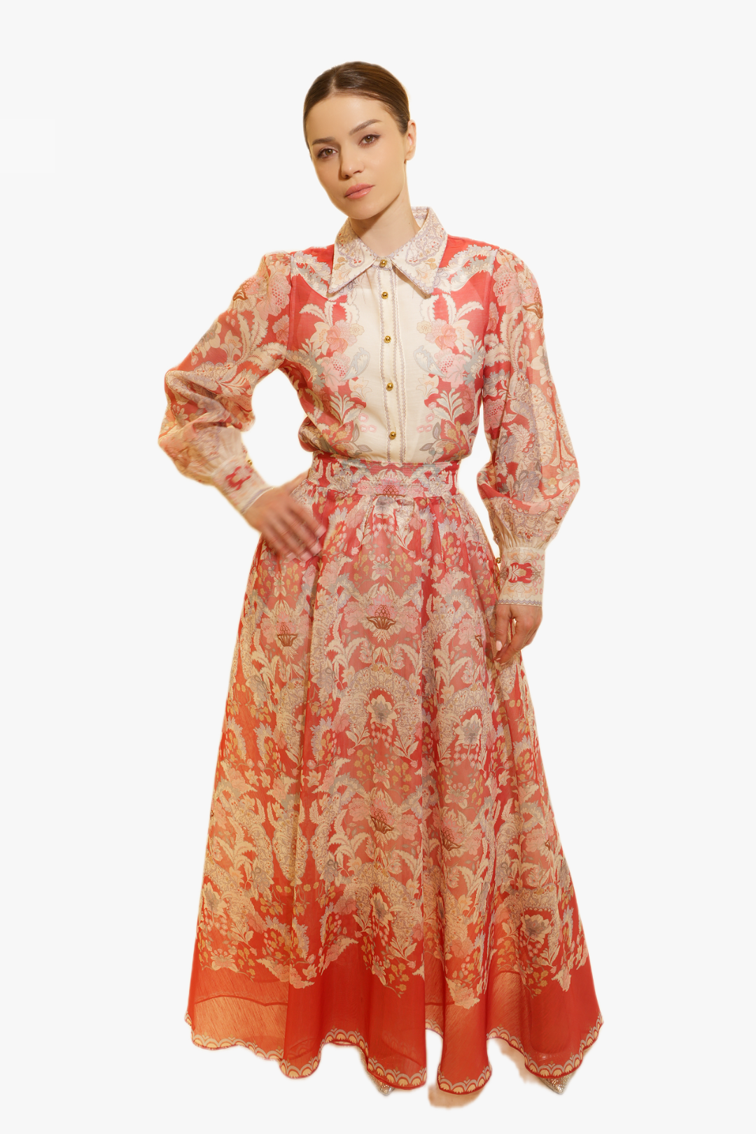 Elegant Floral Blouse and Skirt Set