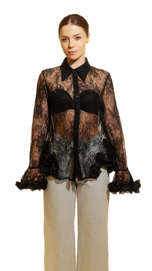 Elegant Sheer Black Lace Blouse with Ruffle Details
