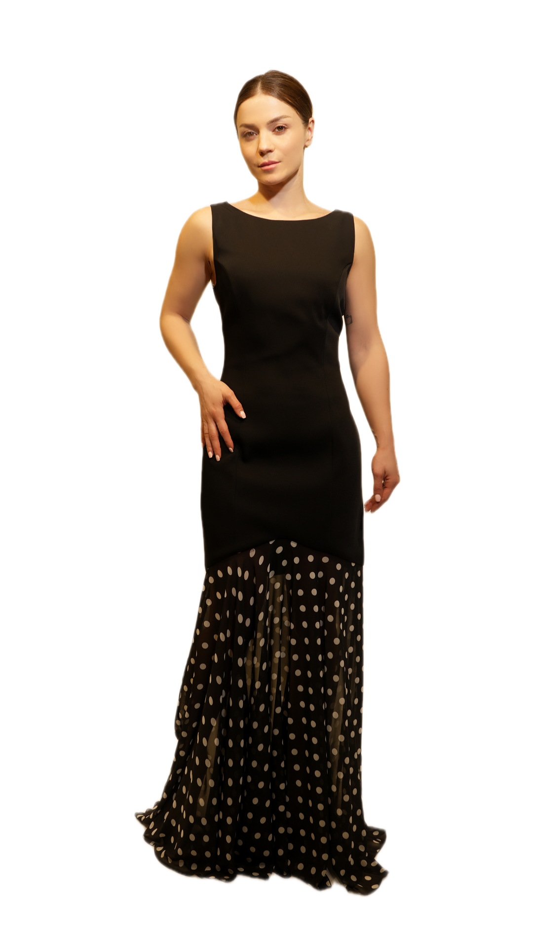 Elegant Sleeveless Maxi Dress with Polka Dot Hem