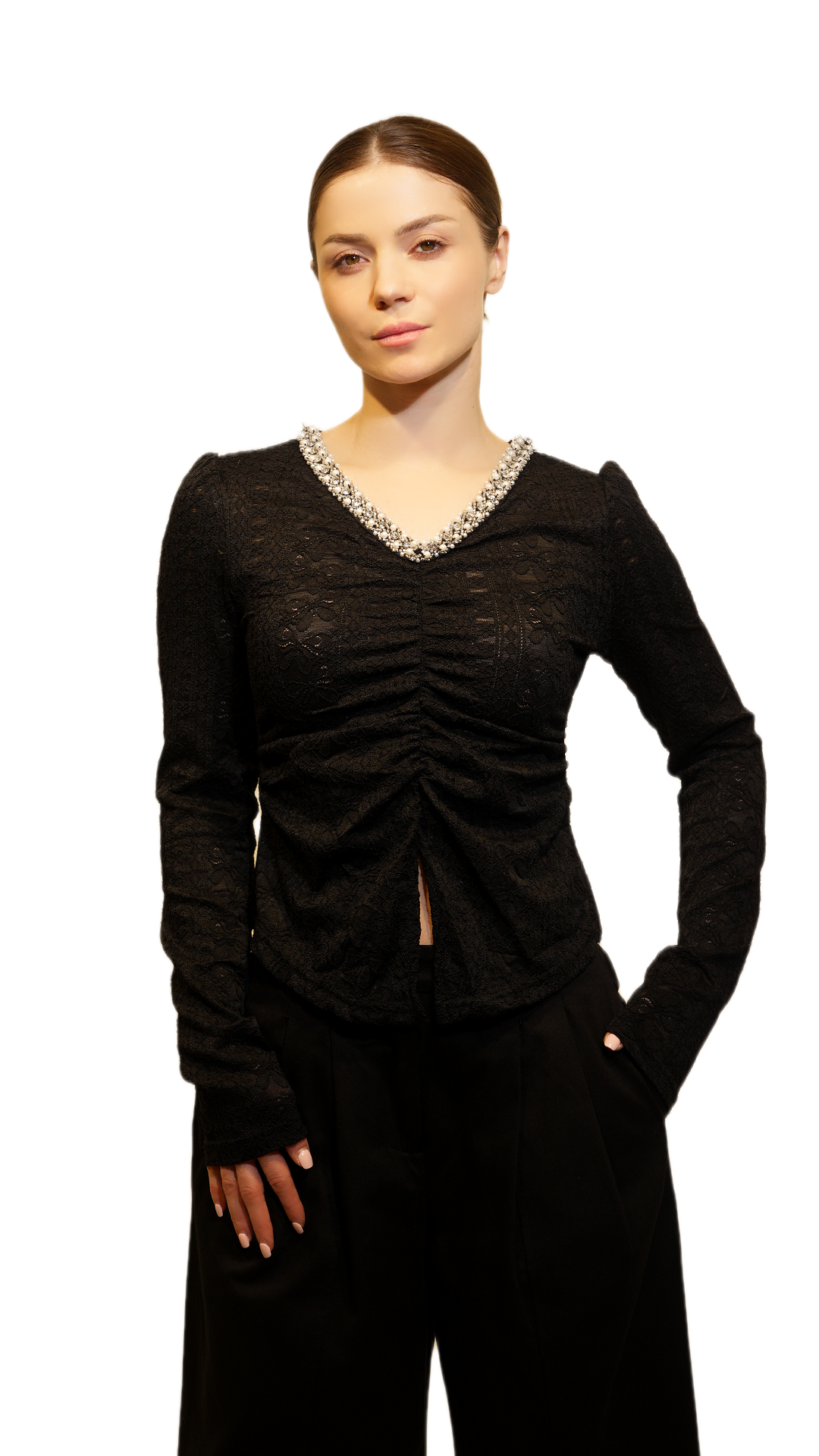 Ruched Lace Top with Embellished Neckline (White & Black)