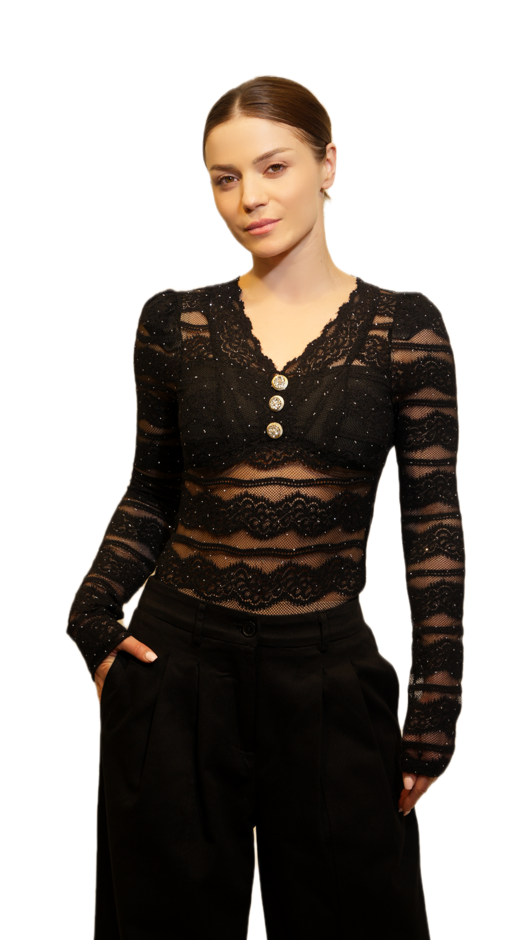 Sheer Lace Button Detail Top