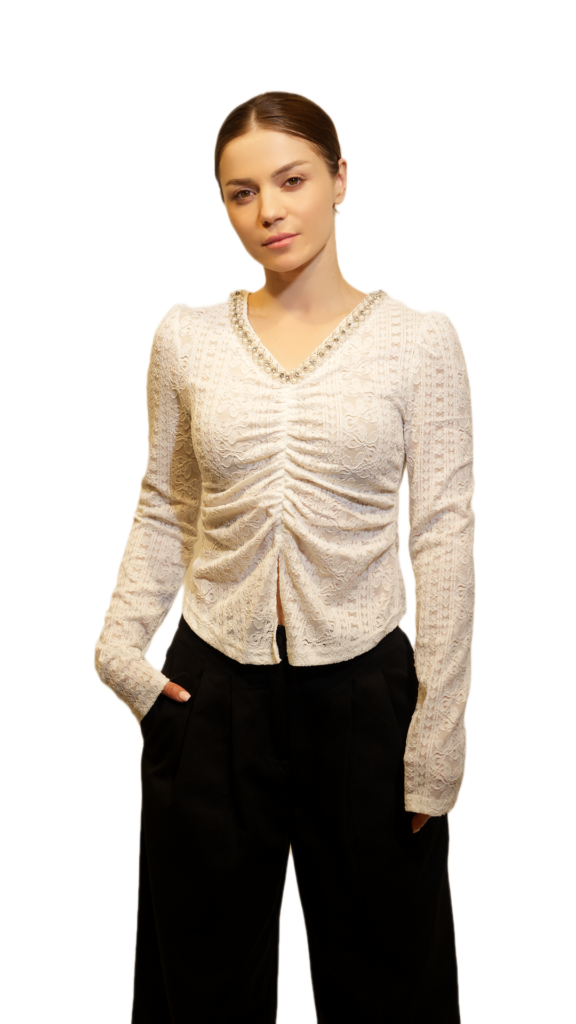 Ruched Lace Top with Embellished Neckline (White & Black)