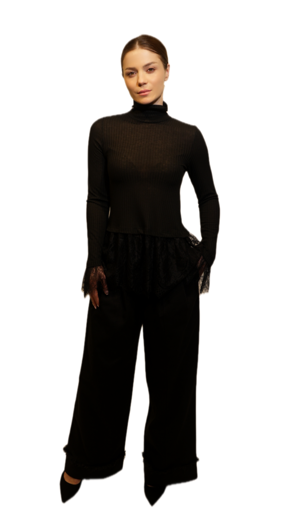 Ribbed Turtleneck Top with Lace Hem (White & Black)