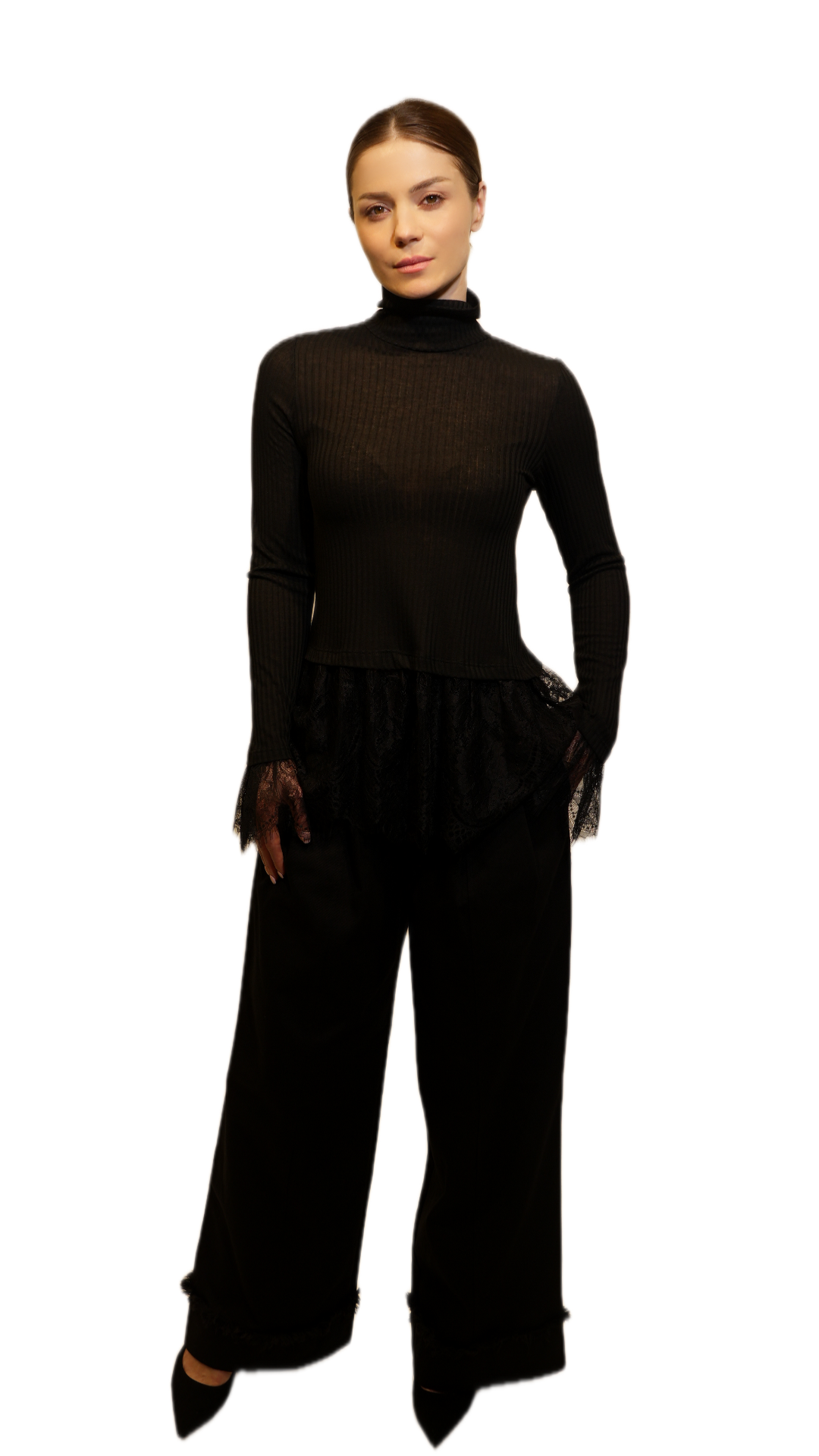 Ribbed Turtleneck Top with Lace Hem (White & Black)