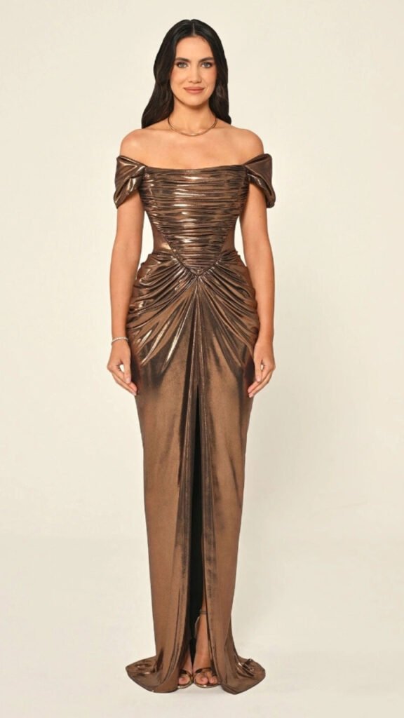 Bronze Metallic Draped Off-Shoulder Gown