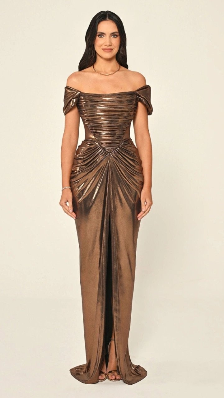 Bronze Metallic Draped Off-Shoulder Gown