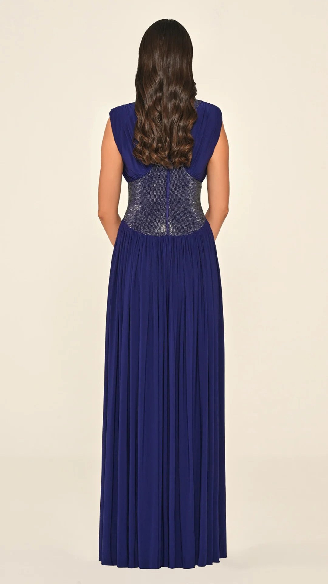Dark Purple Pleated Waist-Detail Evening Gown