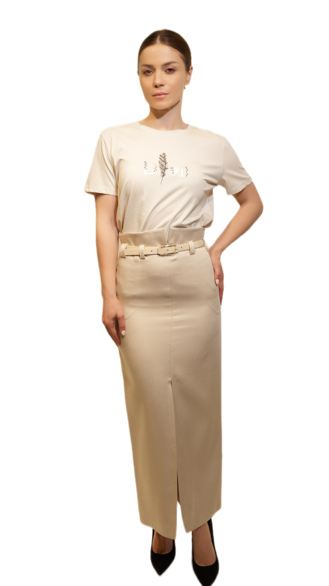 Elegant High-Waisted Midi Skirt with Belt Detail