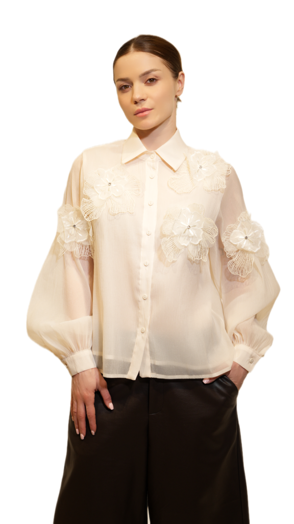 Elegant Sheer Cream Blouse with 3D Floral Appliqués