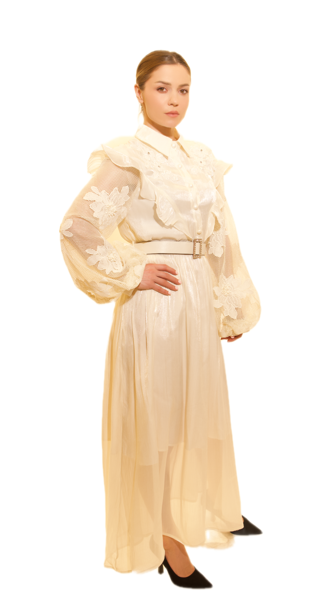 Elegant Cream Maxi Dress with Sheer Floral Sleeves