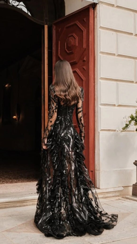 Black Lace & Sequin High-Neck Evening Gown