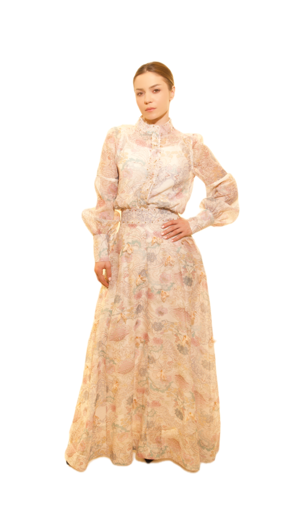 Elegant Floral Blouse and Flowing Skirt Set