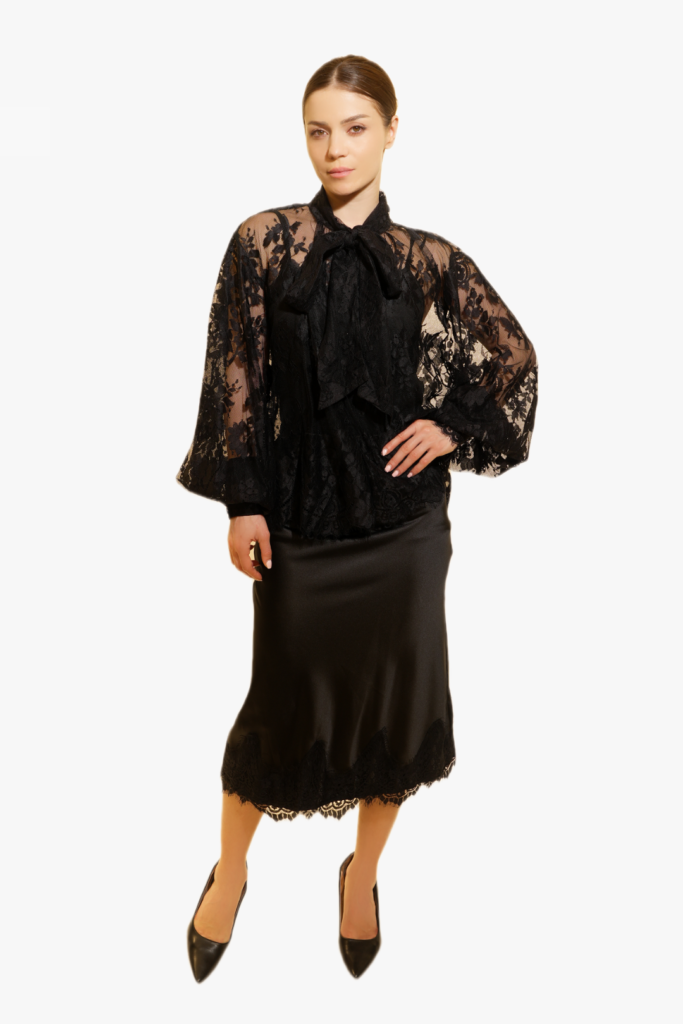 Elegant Satin Midi Skirt with Lace Hem