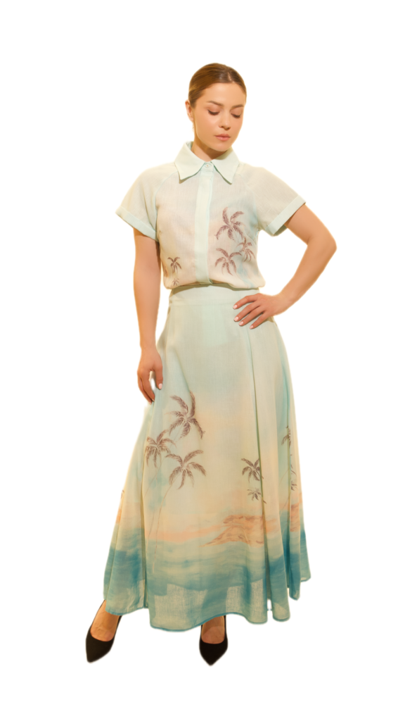Tropical Print Shirt and Flowing Skirt Set