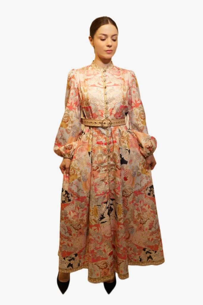 Elegant Floral Brocade Maxi Dress with Belted Waist