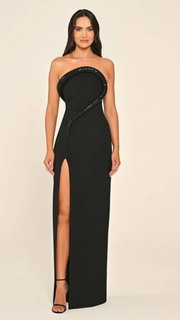 Black Strapless Sculpted High-Slit Gown