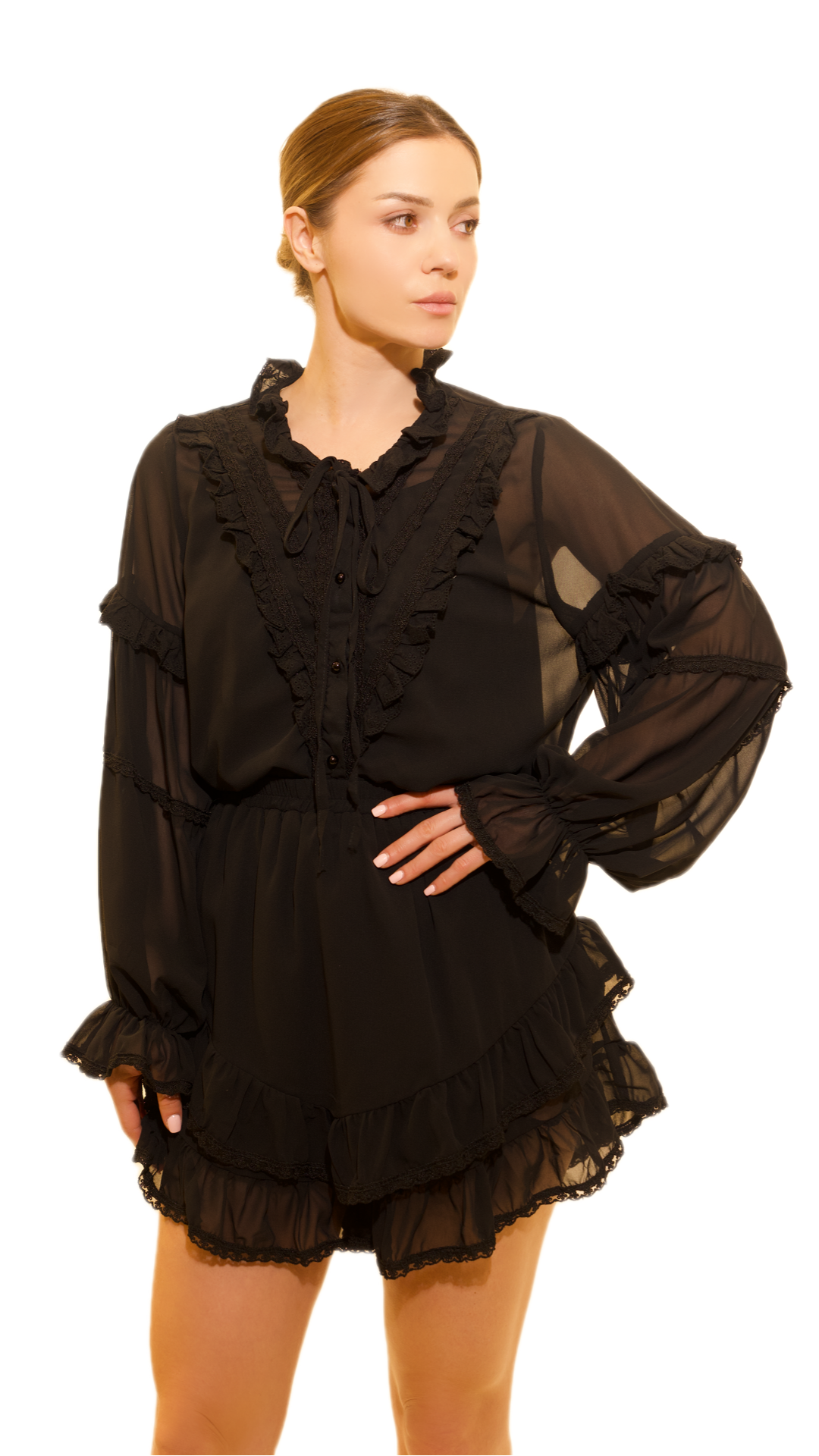 Romantic Sheer Ruffled Blouse and Skirt Set