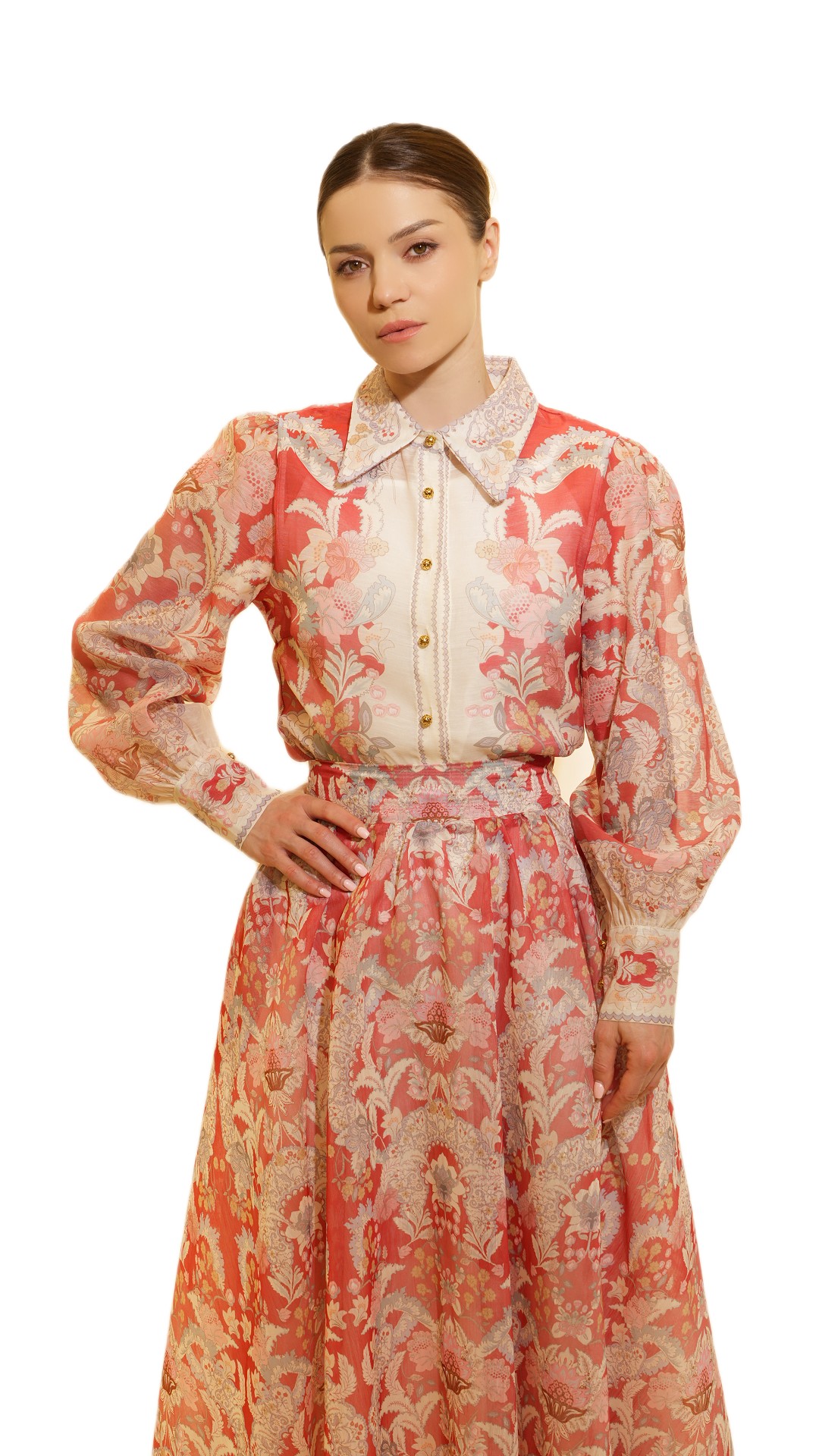Elegant Floral Blouse and Skirt Set