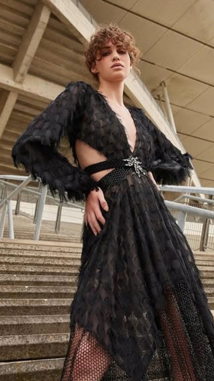 Black Textured Deep V Elegant Dress