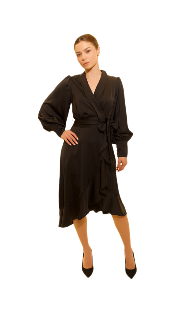 Elegant Black Wrap Midi Dress with Tie Waist