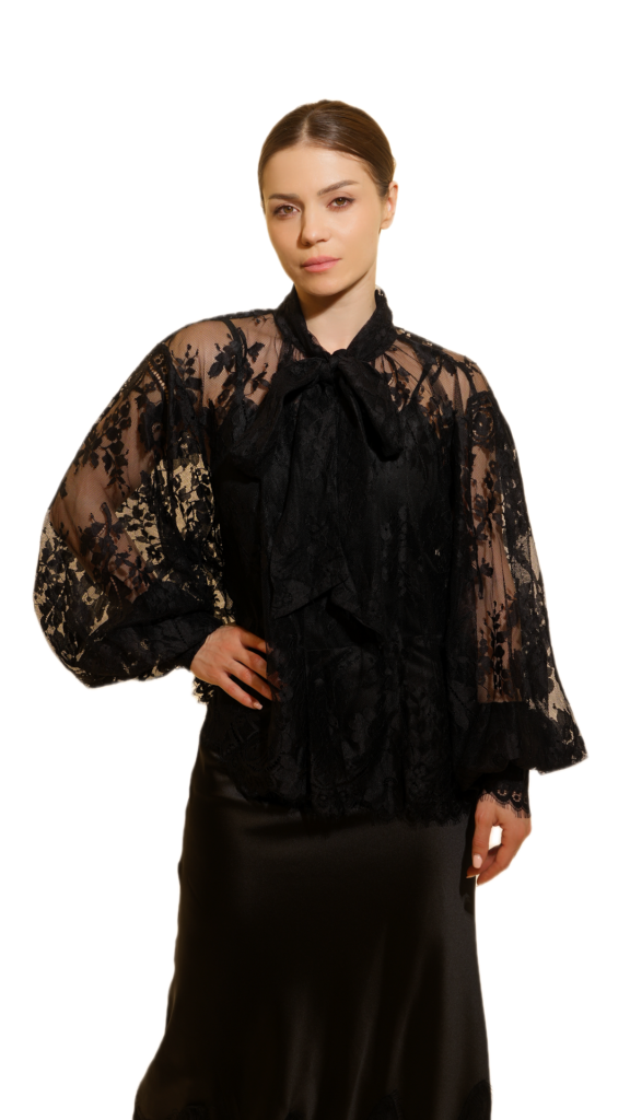 Elegant Sheer Lace Blouse with Tie-Neck