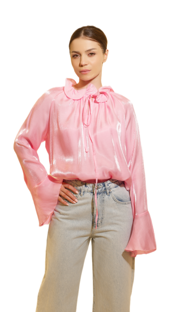 Satin Tie-Neck Blouse with Flared Sleeves