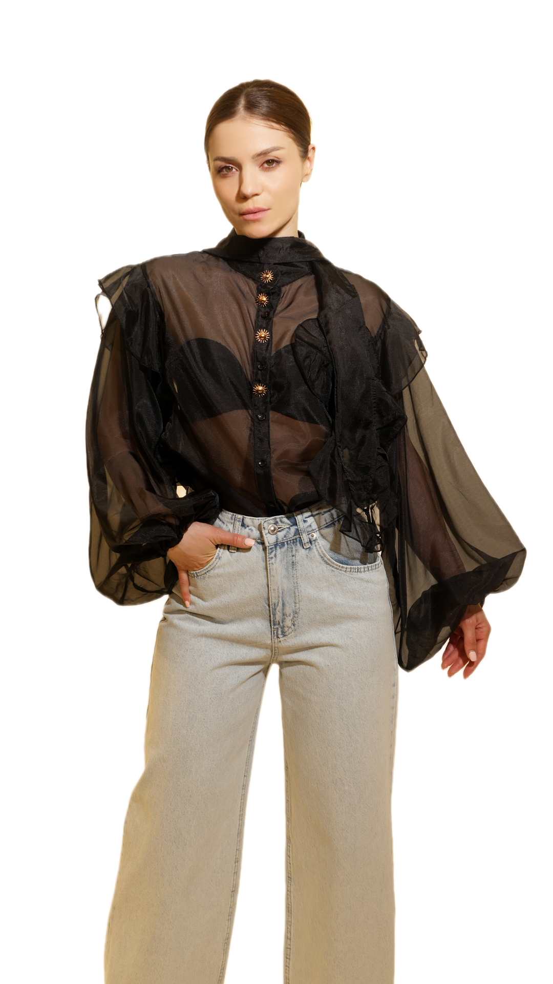 Sheer Black Organza Blouse with Ruffle Details