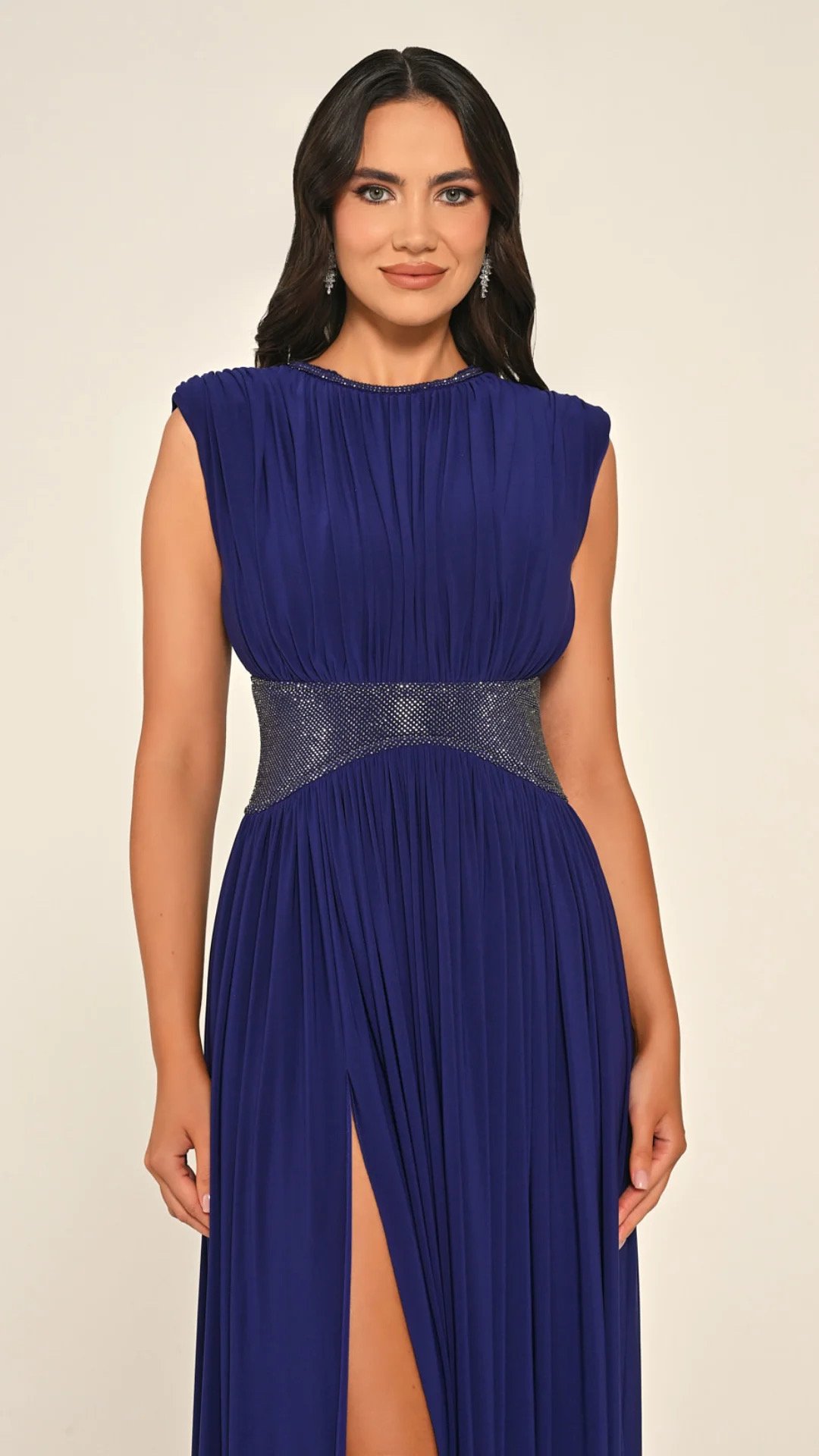 Dark Purple Pleated Waist-Detail Evening Gown