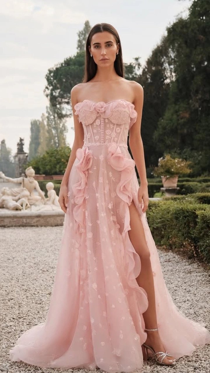 Blush Pink Strapless Floral Appliqué Gown