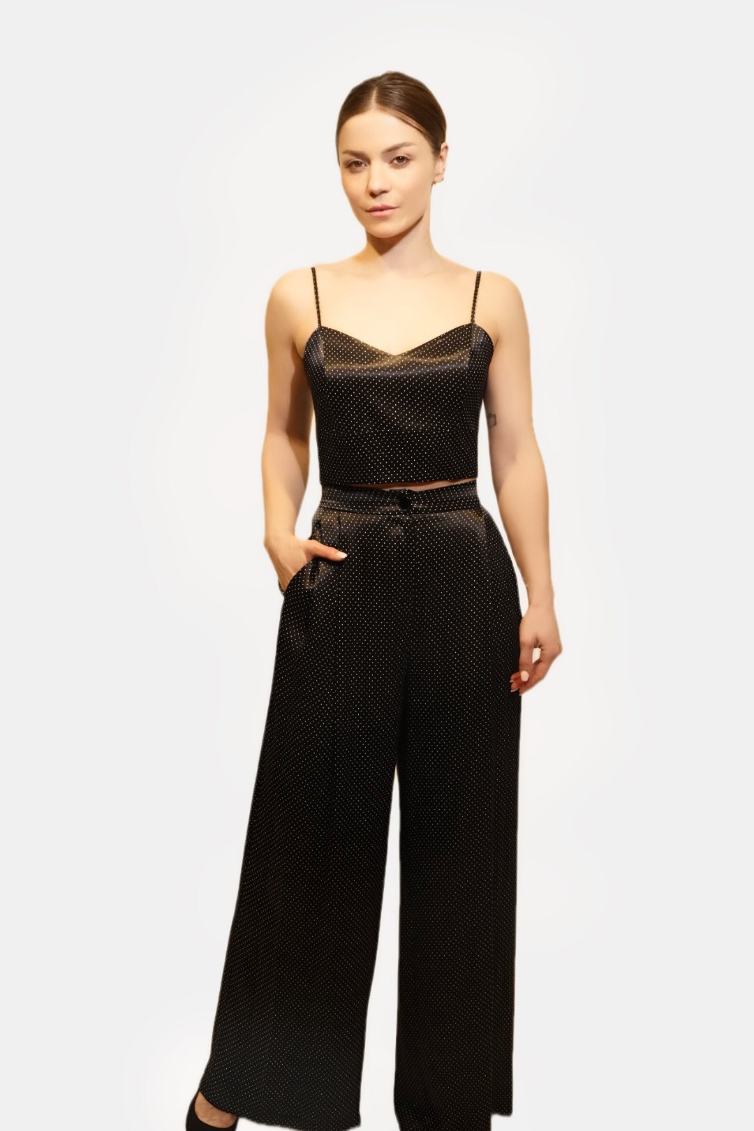 Elegant Black Polka Dot Three-Piece Suit Set