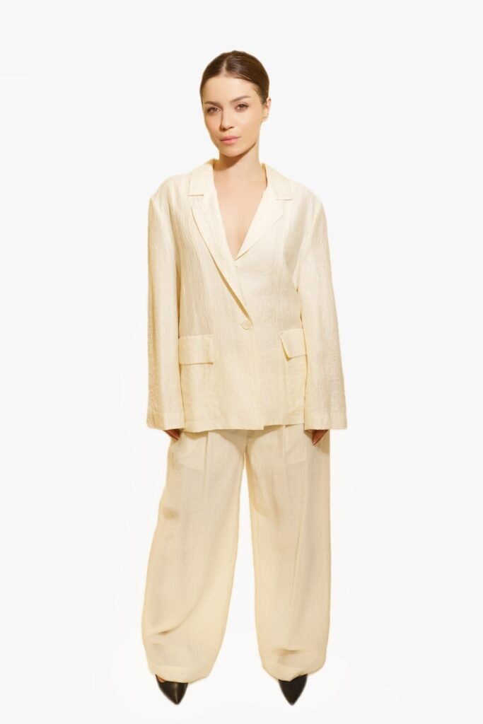 Minimalist Cream Blazer and Wide-Leg Pants Set