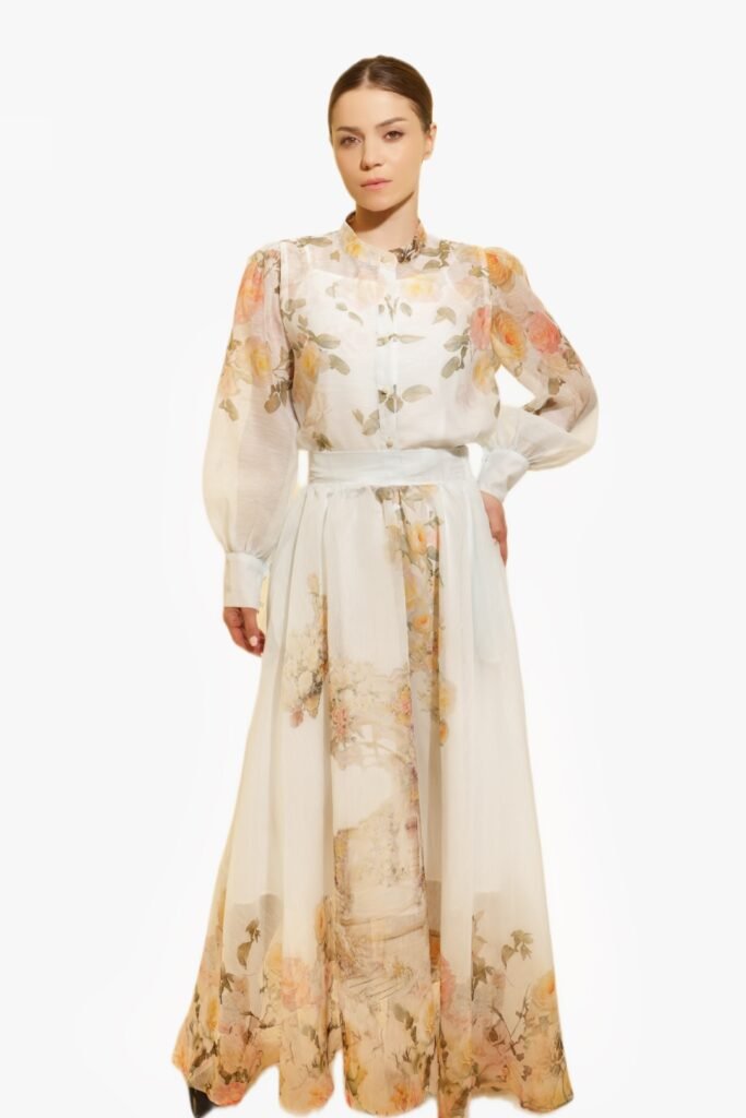 Elegant Sheer Floral Blouse and Skirt Set