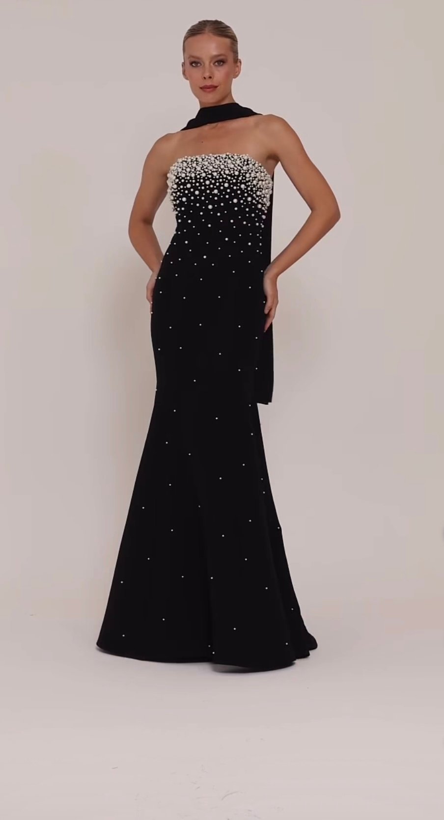 Black Pearl Embellished Mermaid Evening Gown