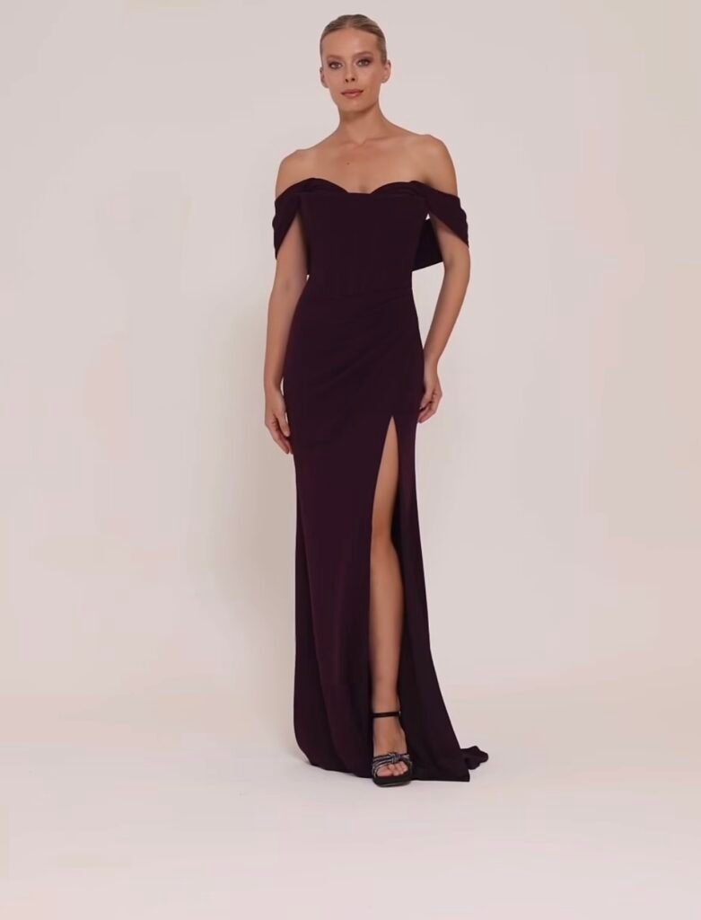 Burgundy Off-Shoulder High-Slit Evening Gown