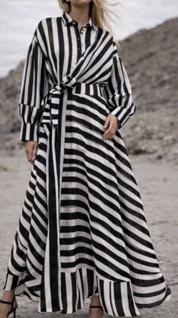Elegant Black & White Striped Maxi Dress – Timeless Statement Style