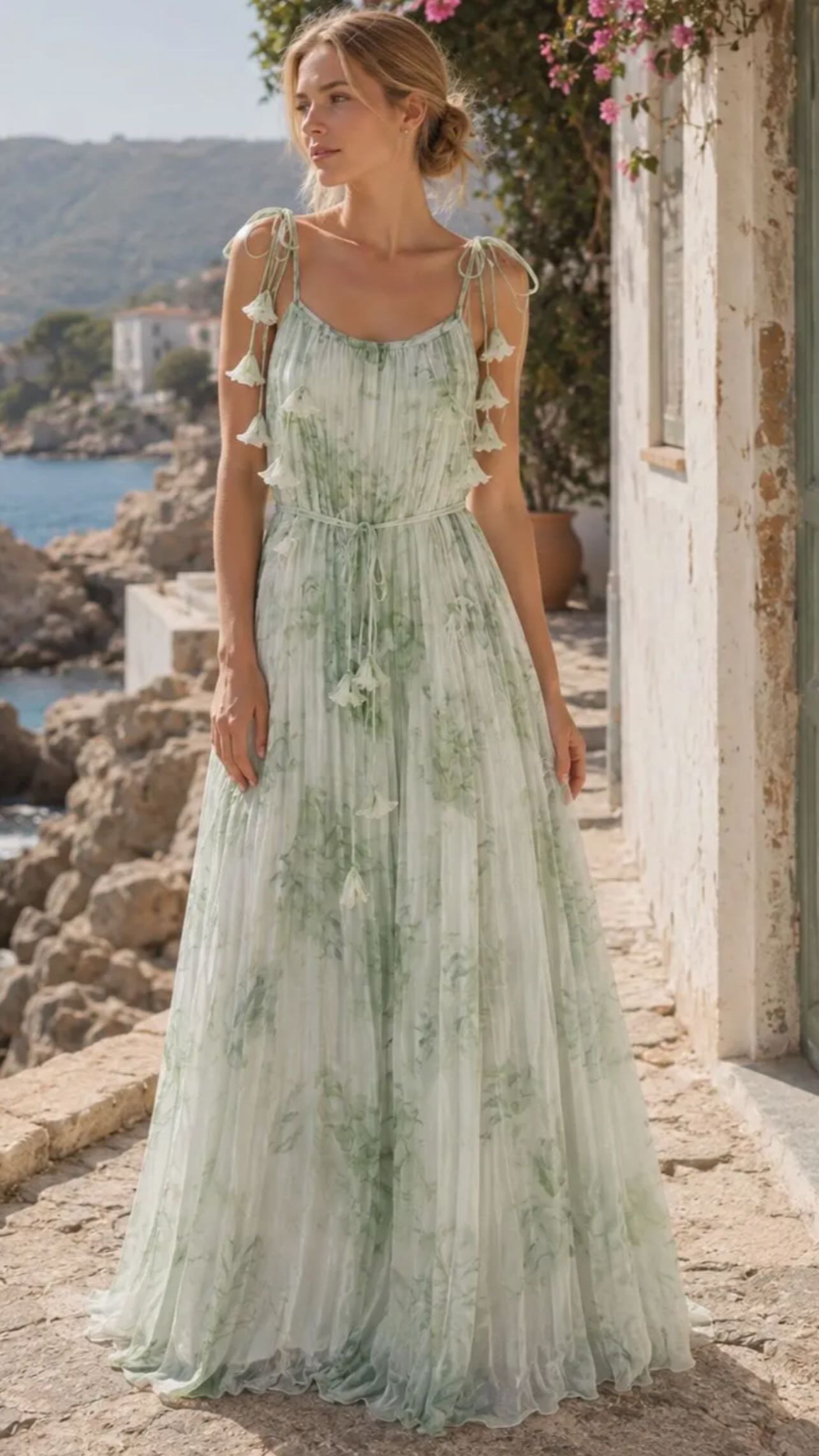 Elegant Green Printed Maxi Dress – Romantic Flowing Style