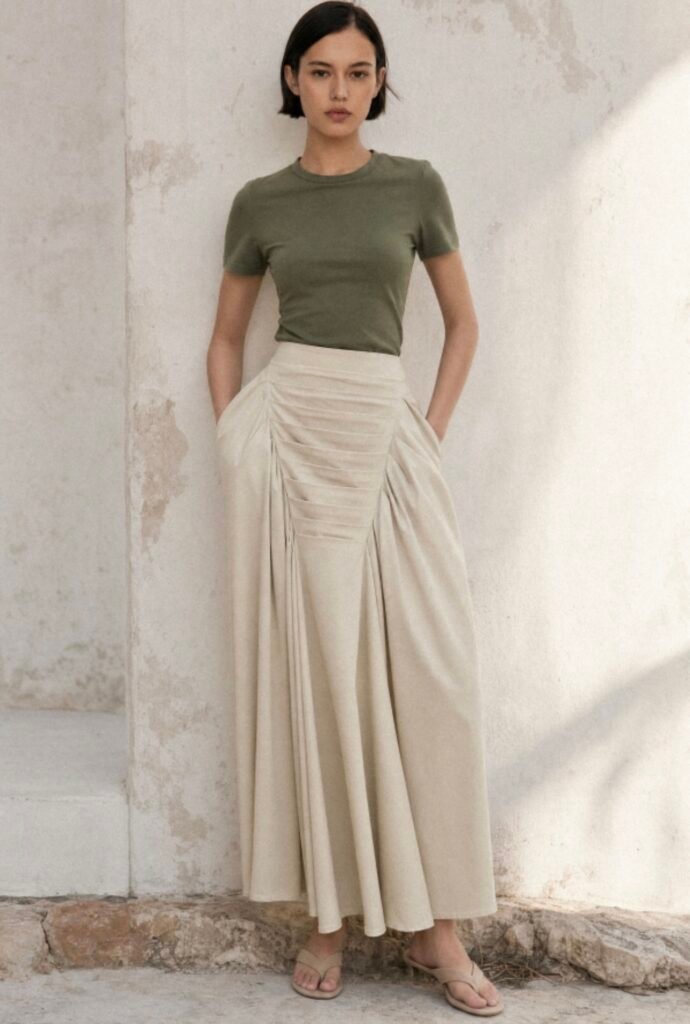 Elegant Pleated Maxi Skirt in Beige