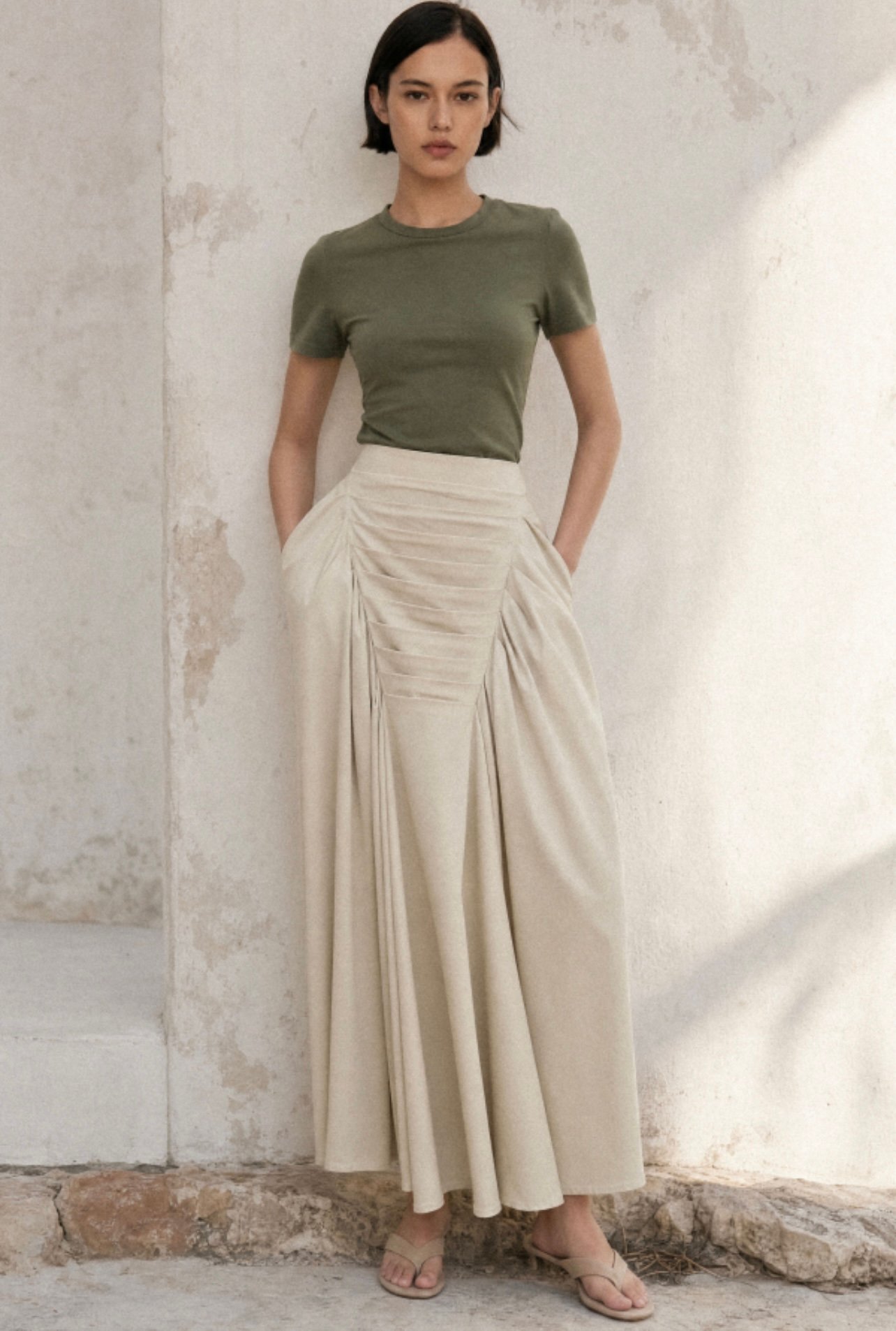 Elegant Pleated Maxi Skirt in Beige