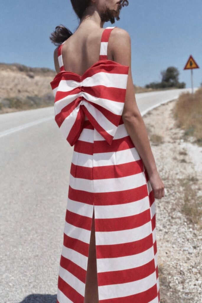 Red & White Striped Maxi Dress with Statement Bow