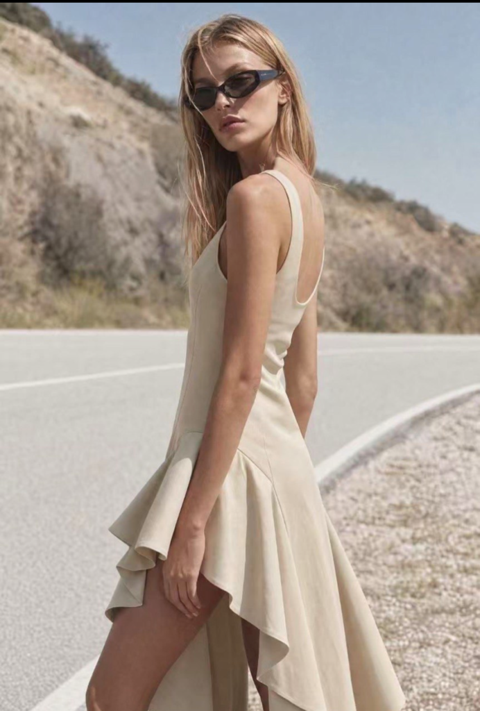 Elegant Beige Ruffle Midi Dress