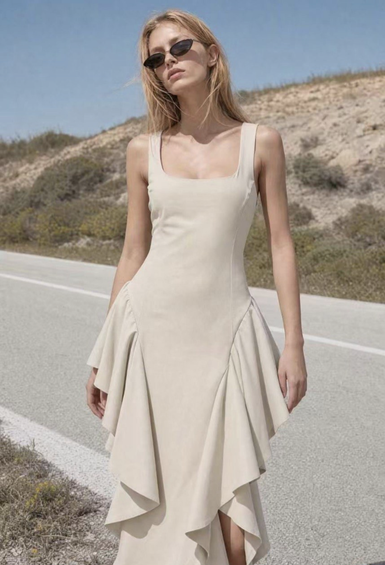 Elegant Beige Ruffle Midi Dress