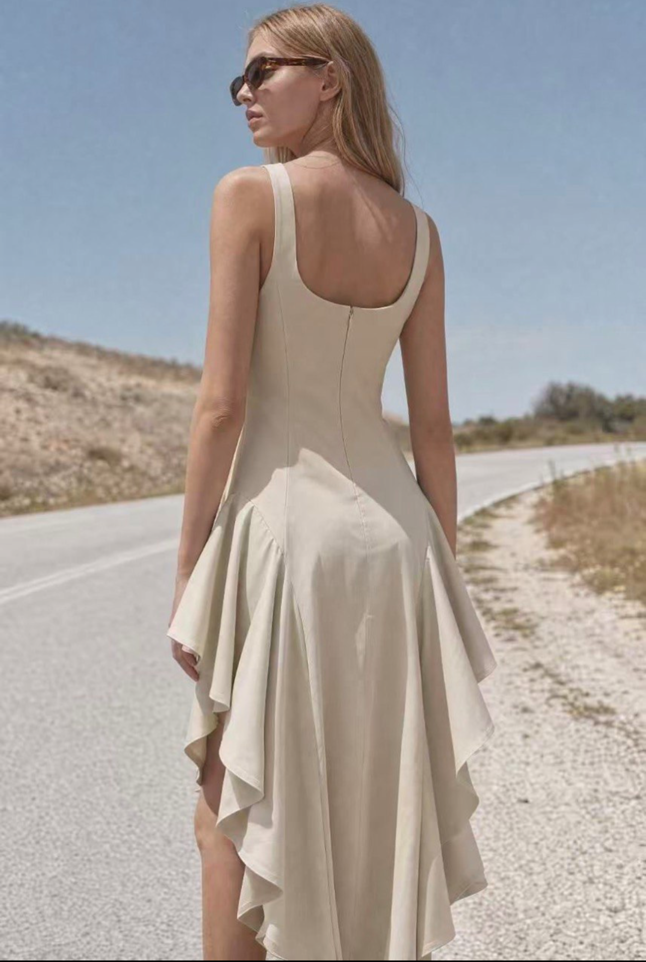 Elegant Beige Ruffle Midi Dress