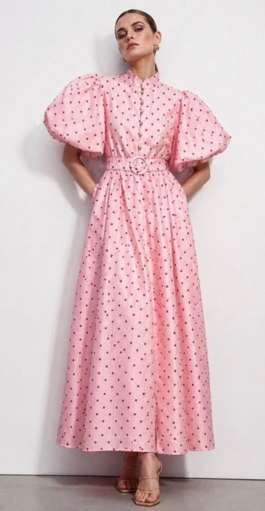 Blush Pink Polka Dot Puff Sleeve Maxi Dress