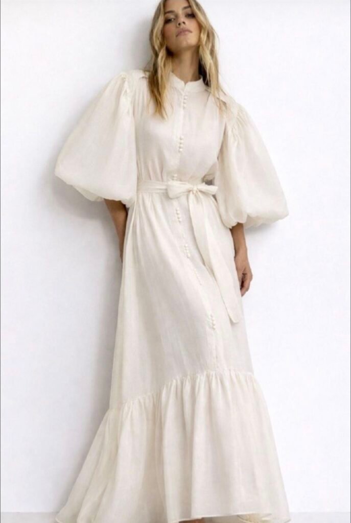 Elegant Ivory Puff Sleeve Maxi Dress