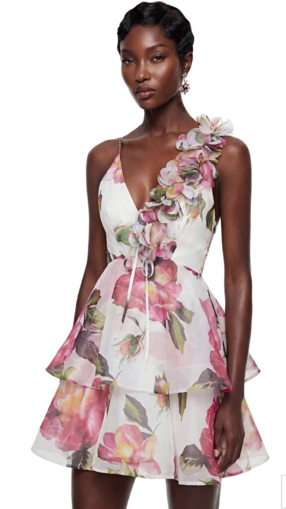 Floral One-Shoulder Ruffle Mini Dress